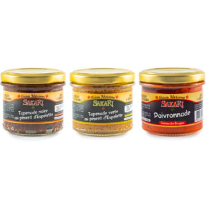 Assortiment de 3 tartinables au piment d'Espelette : tapenade noire, tapenade verte, poivronnade
